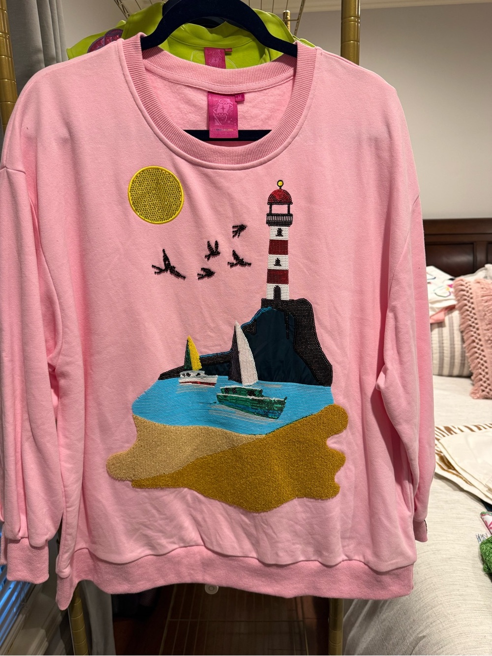 QUEEN OF SPARKLES Pink Lighthouse Embroidered Sweatshirt